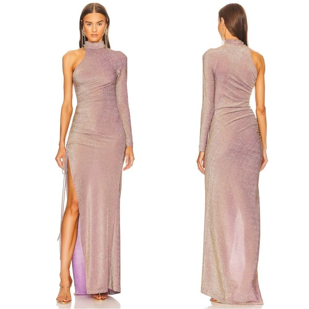 KIM SHUI One Sleeve Glitter Ruched Purple and Gold Maxi Dress Size Large